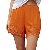 Womens Lace Trim Satin Shorts Y2k Shiny Elastic Waist Mini Shorts Side Zip Slip Pj Bottoms French Knickers (Orange, M)