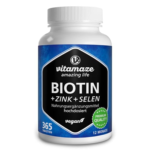 Bild: Vitamaze Biotin hochdosiert 10.000 mcg + Selen + Zink f�r Haare, Haut & N�gel, 365 vegane Tabletten f�r 1 Jahr, D-Biotin, Nahrungserg�nzung ohne Zusatzstoffe, Made in Germany f�r 12,75 EUR (-51%) statt 25,97 EUR bei amazon.de