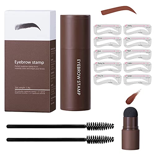 Eye-Brow Stamp Stencil Kit, Waterproof Brow Stamp Shaping Kit, Eyebrow Stencil Eyebrow Filling Powder Stamp Kit, Women Makeup Tools with 10 Reusable Eyebrow Stencils, 2 Eyebrow Brushes (Natural Brown)