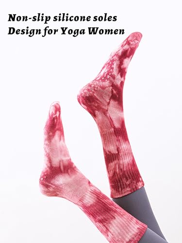 Image of Womens Pilates Yoga Toe Socks with Grips Non Slip Cushioned Crew Socks Mid Calf for Barre Ballet, 6-11, Tie Dye-15