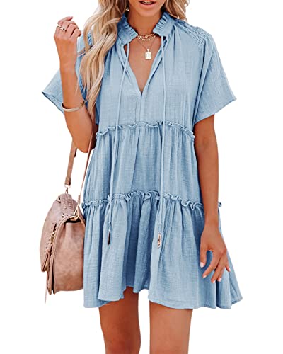 Dellytop Womens Drawstring V Neck Dress Ruffle Tiered Short Sleeve Babydoll Tunic Swing Sundresses