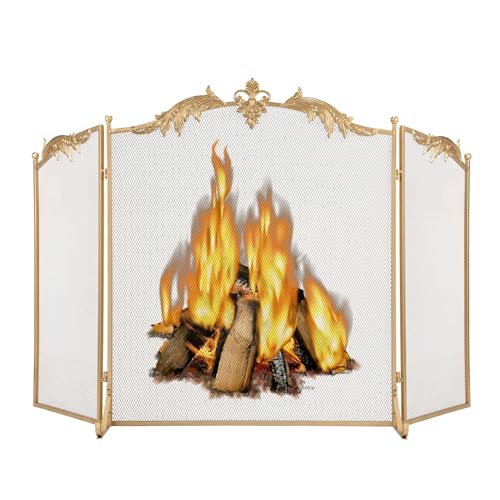 WICHEMI Fireplace Screen 3 Panel Folding Fireplace Screens 50.4 x 32.3 Inch Metal Furnace Fireguards...