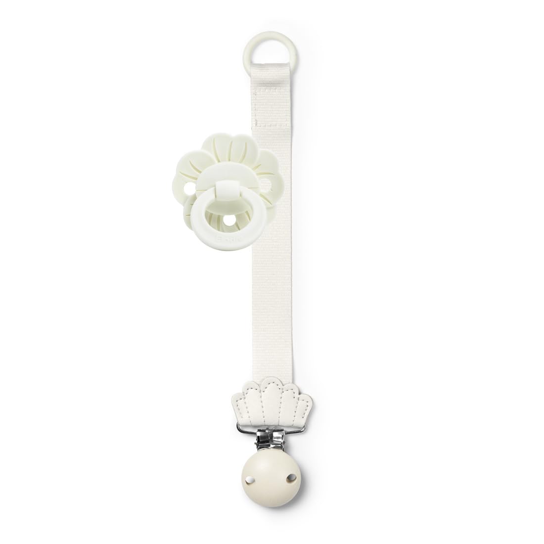 Elodie Details Catena portaciuccio e clip in legno Duo, anello universale in silicone, adatto a tutti i ciucci, design scandinavo - Vanilla White Binky Bloom/Vanlilla White Wood Clip
