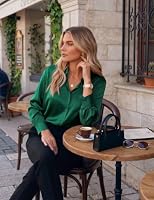 Zeagoo Satin Bluse Damen V-Ausschnitt Elegant Langarm Hemd mit Knöpfe Grün XL – Ansicht 5