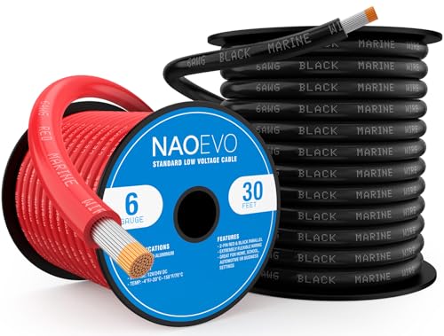 NAOEVO 6 Gauge Marine Wire, 6 AWG Tinned Copper PVC Marine Grade Wire, IP68 Waterproof/Corrosion-Resistant Electrical Cable for Boat, RV, Automotive, Solar, Trolling Motor (30 ft Black + 30 ft Red) by NAOEVO - Used condition - US$65.48