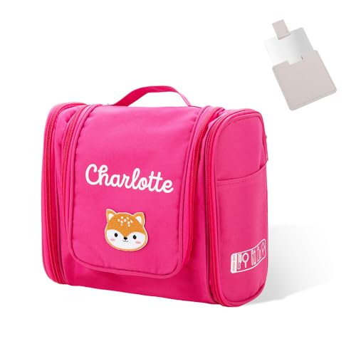 BYFDIY Custom Kids Toiletry Bag with Mirror Small Hanging Personalized Name Animal Patch Travel Toiletry Bag For Boys Girls Travel Gifts for Toiletries For Son Daughter 9.45×4.13×7.87INCH
