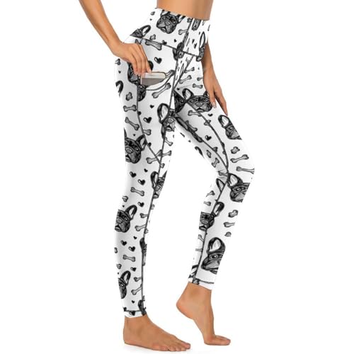 Legging d'entraînement pour femme avec poches et motif bouledogue français noir