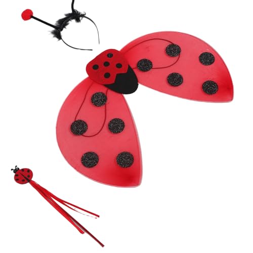 WATIIFUFU Conjunto Infantil de Disfraz de Mariquita Alas Rojas, Varita de Hada y Diadema Antenas, para Fiestas de Halloween y Cosplay Estilo Aleatorio