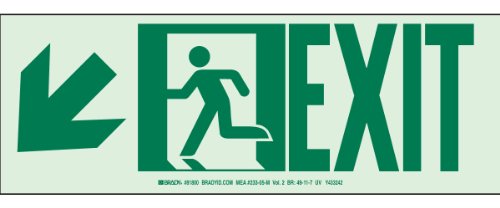 Brady 81799 Glow-In-The-Dark High Intensity Self Sticking Polyester Glow-In-The Dark Safety Guidance Sign - NYC Approved, 5" X 14", Legend "Exit W/Running Man - Arrow Left Down" (Pack of 10)