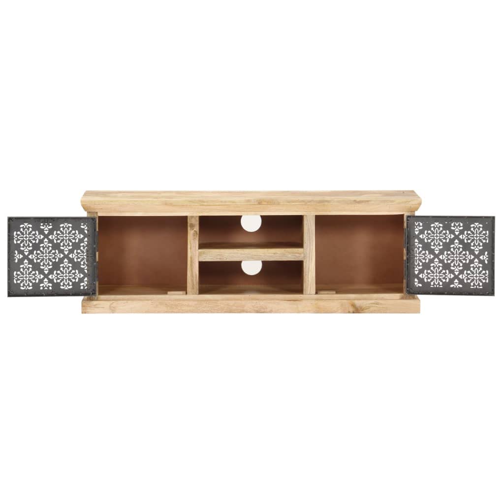 Szafka TV z litego drewna mango, 120 x 30 x 40 cm, z malowanymi proszkowo stalowymi drzwiami, czarna, do konsoli multimedialnych, idealna jako uniwersalna podstawka pod telewizor i szafka do
