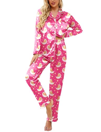 Image of Ekouaer Womens Satin Pajama Set Classic Pattern Silky Pj Sets Button Down Sleepwear Loungewear