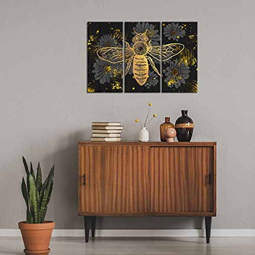 Rnnjoile Bee Canvas Wall Decor Bumblebee Honey Daisy Flower Painting Picture Black And Gold Insect Poster Artwork For Farmhouse Kitchen Office Set Of 3 Framed #TOP4