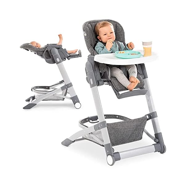 Hauck Baby Hochstuhl Grow Up mit Liegefunktion ab Geburt - Babystuhl mit Tisch, Rollen, klappbar, mitwachsend und höhenverstellbar - Grau Melange