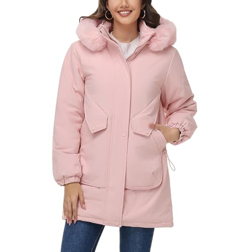 Lamgool Womens Winter Coats Warm Thicken Puffer Jackets Windproof Hooded Parka with Removable Faux Fur Trim Hood(Light Pink,L)