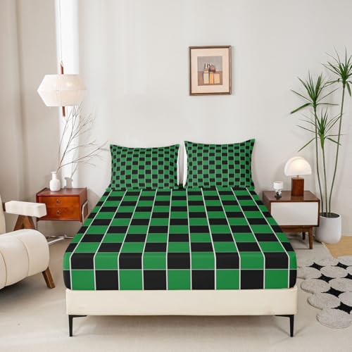 Image of Erosebridal Plaid Sheet Set Queen Green Black Checkerboard Bed Sheets Geometric Checkered Bedding for Kids Boys Girls,Aesthetic Grids Bed Sheets Set 4 Piece
