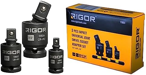 RIGOR 11601 Universal Joint Swivel Socket Adapter Set | 3PCS, 1/2", 3/8", 1/4" Drive | CR-MO Impact Grade | Aluminum Storage Rail