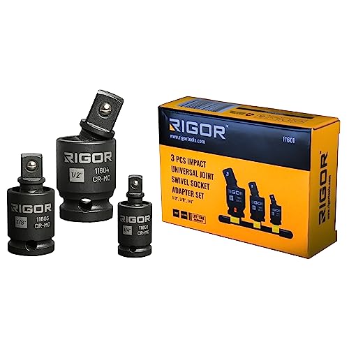 Rigor 11601 Universal Joint Swivel Socket Adapter Set | 3Pcs, 1/2", 3/8", 1/4" Drive | Cr-Mo Impact Grade | Aluminum Storage Rail #TOP10