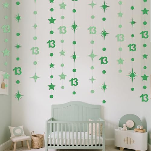 Image of Green 13th Birthday Decorations Number 13 Circle Dot Star Garland Glitter Streamer Banner Backdrop for Girls Boys Official Teenager Cheers to 13 Years Old Birthday 13th Anniversary Party Supplies