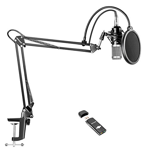 Neewer Pro Condenser Microphone Kit for Studio Recording, Includes: NW-800 Condenser Mic(Silver), Adjustable Suspension Scissor Arm Stand with Shock Mount, Mounting Clamp, USB Sound Card