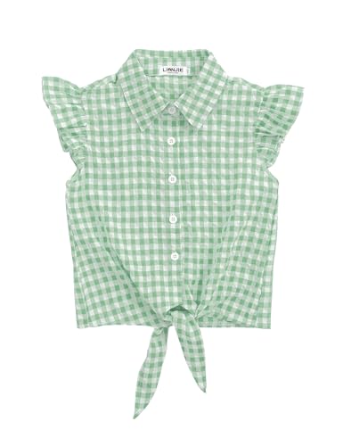 Image of Girls Sleeveless Plaid Button Down Shirt Summer Crop Tops Tie Knot Ruffle Sleeve Shirt Blouse 3-12Y