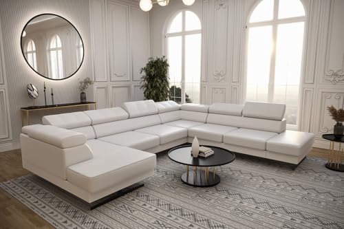Friderik Emporio MAX II Canapé d'angle 300 x 350 x 180 cm avec appuie-tête réglables et pieds argentés Blanc