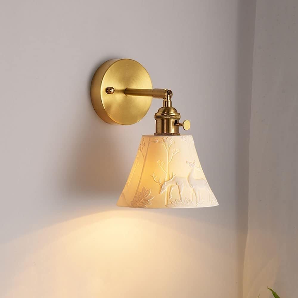 HPTHLY Wall Sconce Mount Light Deer Pattern Ceramic Shade, Adjustable Brass Lamp Bedroom Bedside Reading Lights Sconces