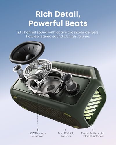 Image of Soundcore Boom 2 By Anker, Outdoor Speaker, 80W, Subwoofer, BassUp 2.0, 24H Playtime, IPX7 Waterproof, Floatable, RGB Lights, USB-C, Custom EQ, Portable for Camping and Beach - Green