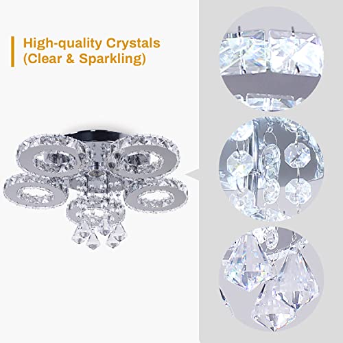TongLan Led Crystal Ceiling Light 5 Rings Modern Crystal Chandelier Flush Mount Light Fixture for Hallway Foyer Living Room Bedroom Dining Room Closet (Cool White) - Image 4