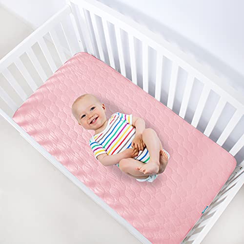 Biloban Crib Mattress Protector 2 Pack, Waterproof, Quilted, Absorbent, Noiseless, 52" x 28" Pink