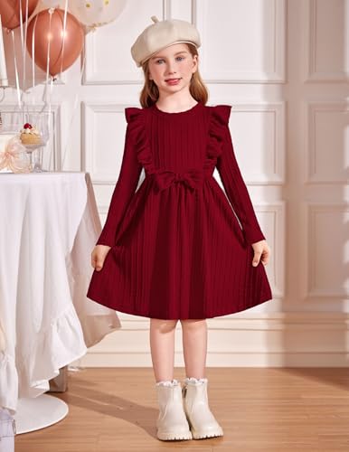 Arshiner Toddler Girl Dress Ruffle Ribbed Knit Long Sleeve A-Line Swing Fall Winter Bowknot Casual Dress with Pockets2