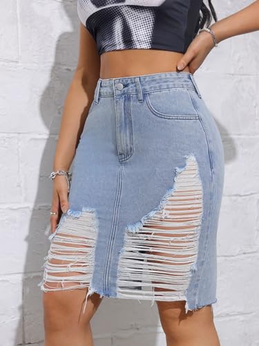 Women's High Waisted Denim Pencil Skirt - Stretch Midi with Ripped Details & Side Slit, Curve-Hugging Fit
