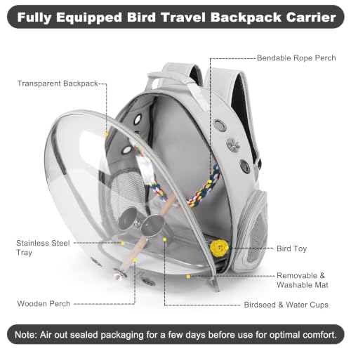 Image of Bird Travel Carrier, Bird Backpack Cage with Rope & Wood Perches Tray Food Bowl, Portable Clear Bubble Window Breathable Mesh Bag for Small Medium Parrots Cockatiel Parakeet Budgies Conures Lovebirds