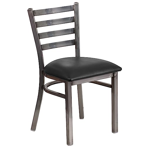 Image of Flash Furniture 2 Pack HERCULES Series Clear Coated Ladder Back Metal Restaurant Chair - Black Vinyl Seat