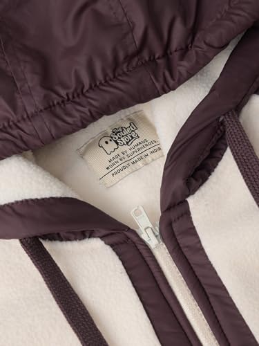 Image of The Souled Store: Berry Clouds Men and Boys Long Sleeve Hooded Neck Off-White and Brown Colour-Block Polyester Polar Fleece Warm Fleece Zipper Oversized Hoodie