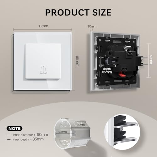 BSEED Türklingel Druckschalter aus Glas, Druckknopf Unterputz Schalter mit Krallen, NEU E-Serie,86mm Weiß