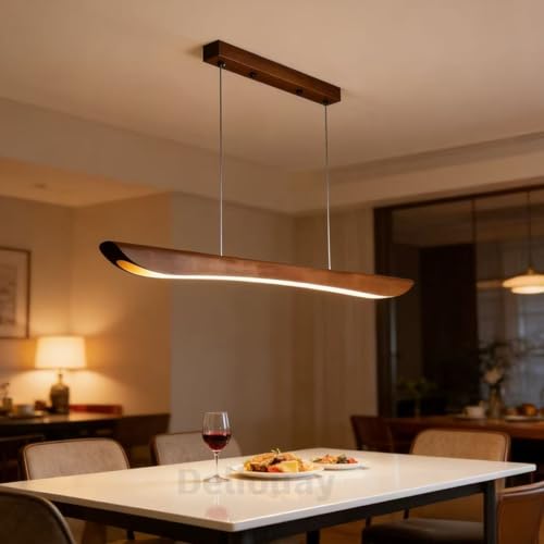 Holz LED Pendelleuchte esstisch Dimmbar Linear Design Hängeleuchte Esstisch lampe Lineare Hängelampe mit Fernbedienung Kronleuchter höhenverstellbar für Esszimmer Büro Küche (Nussbaumholz 100cm)