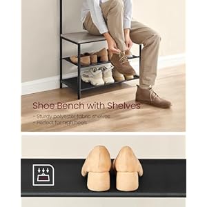 VASAGLE Hall Tree with Bench and Shoe Storage Entryway Bench with Coat Rack Stand and Shoe Rack 9 Movable Hooks Top Bar Fabric Shelves Industrial Greige and Black UHSR411B02
