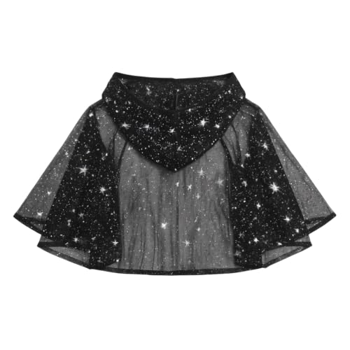 HMXCHASHIKEJI Witch Costume Women,Women’s Short Hooded Cape, Sparkle Sheer Tulle Capelet, Halloween Witch Costume Cloak for Cosplay Party(Black_01,Small) - image 4