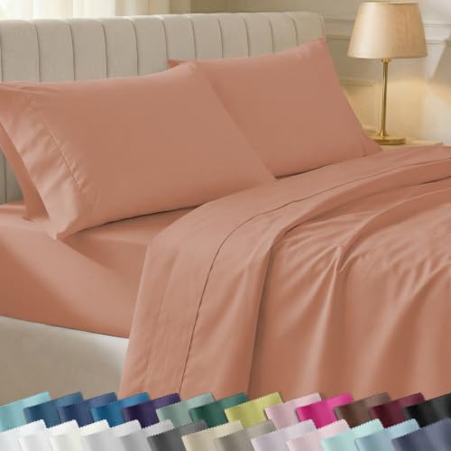 Image of California Design Den Queen Bed Sheets Set - Soft 400 Thread Count Sateen, Natural 100% Cotton Queen Sheets Deep Pocket Set, All Around Elastic for a Snug Fit, Durable Bedding - Fresh Clay