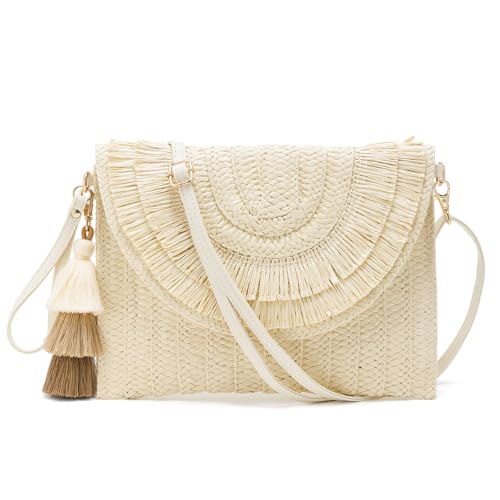 WEIMZC Small Straw Purse for Women Summer Clutch Purses Beach Woven Envelope Bag Raffia Shoulder,Straw Crossbody Bag boho(Tassels Beige) by WEIMZC - Used condition - US$12.19