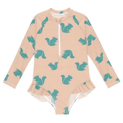 Blue Squirrel Pattern on Peach Girls Rash Guard Swimsuits Long Sleeve One Pieces Bathing Suit UPF 50+ Zipper Swimwear