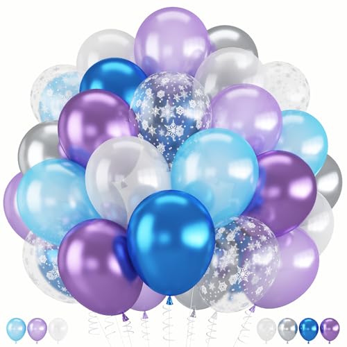 Image of Winter Snowflake Balloons, 60 Packs 12 Inch Metallic Purple Blue White Silver Balloon with Confetti Balloon for Birthday Party Baby Shower Christmas Winter Wonderland Party Decoration