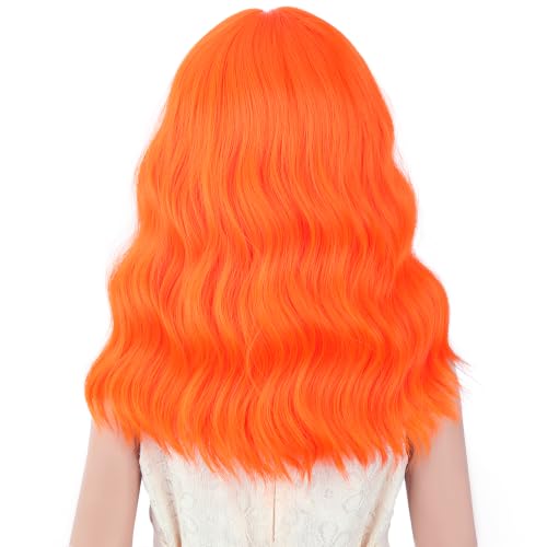 Image of Orange Wig Short Orange Wavy Curly Wigs Wig with Air Bangs Synthetic Cosplay Hair Wigs