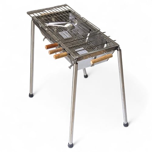 Image of Compact Portable Foldable Stainless Steel Charcoal Barbeque BBQ Grill Set with Extendable Legs, Skewers, Tongs, Bag, Charcoal Tray + Top Cooking Grate For Home Outdoor Garden (KL-GRX03G)