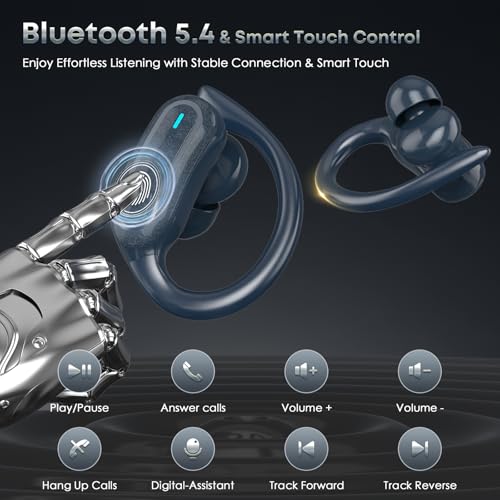Image of TRAUSI Wireless Earbuds Bluetooth Headphones, 54H Playtime Stereo Over Ear Buds with ENC Noise Cancelling, LED Power Display, IPX7 Waterproof Sport Earphones wih Earhooks for Running /Workouts Blue