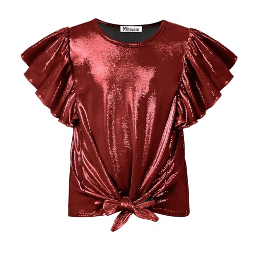 Image of Mirawise Girls Shirts Metallic Tops Clothes Tshirt Ruffle Short Sleeve Tee Size 6-14