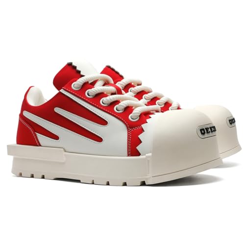Men's Chunky Platform Sneakers - Geometric Contrast Design with Cushioned Comfort Thick Sole Casual Shoes for Everyday Urban Style (Black/White & Red/White)