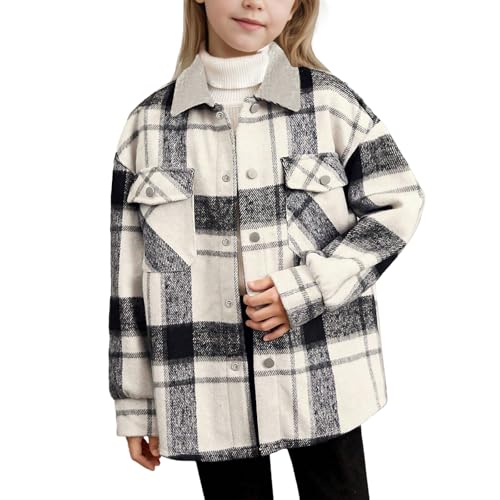 Girls Black Plaid Jacket Button Down Kids Long Sleeve Warm Fall Winter Coats Classic Lapel Collar Outerwear for 8-14Y