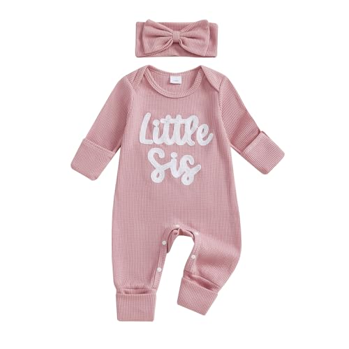Little Sister Newborn Outfit Baby Girl Going Home Outfit Infant Romper Waffle Footies Knitted Jumpsuit Mitten Clothes