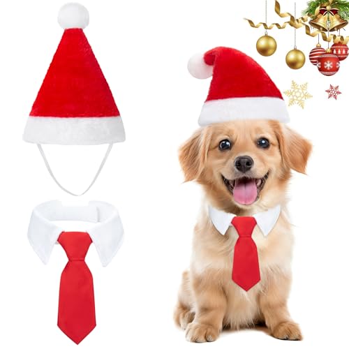 MELLIEX 2 Stück Weihnachten Hundekostüm, Hunde Katzen Weihnachtsmützen und Krawatte Weihnachtskostüm Zubehör Set für Haustier